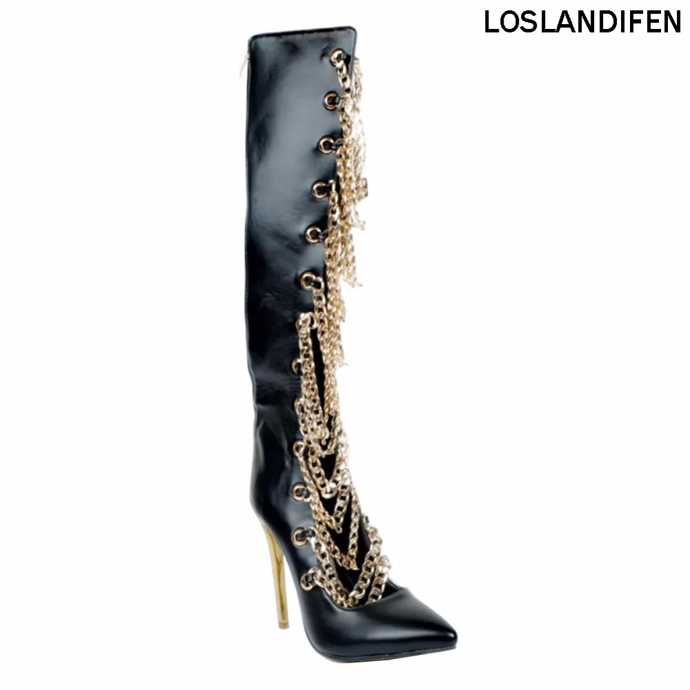 

Loslandifen New Hot Sale Ladies Womens Fashion Handmade 11cm High Heel Chains Knee Boots Pointed-toe Hocky Sexy Shoes XD158