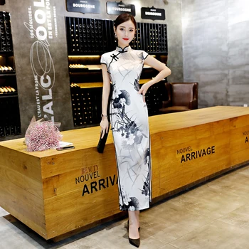 

Tradition Chinese Women Qipao White Satin Casul Dress Ink Painting Flower Formal Party Dresses Sexy Novelty Exquisite Cheongsam