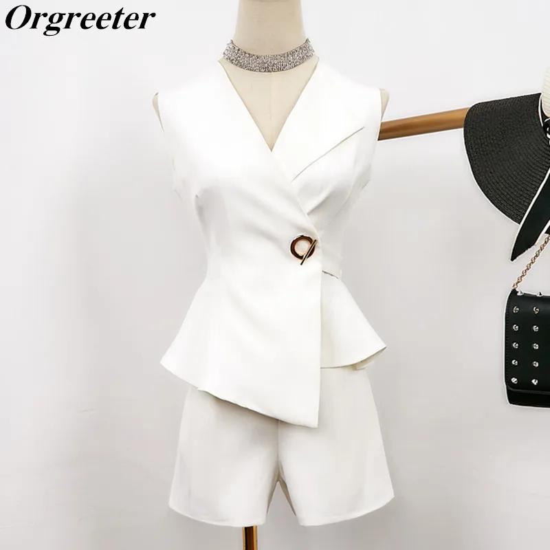 

Office Lady Profession White Shorts Two piece set 2019 Summer Ladies Asymmetrical Self-cultivation Blouse Tops and Shorts Set