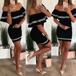 2019 новые модные, пикантные с открытыми плечами Bardot Bodycon мини платье для женщин летние шорты рюшами рукавом полосатые вечерние платья