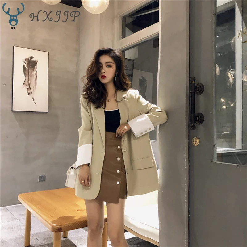 HXJJP Vintage Patchwork Lace Up Women Jacket Blazer Retro Loose Pockets Slim Waist Suit Coat 2018 Autumn Streetwear Outwear