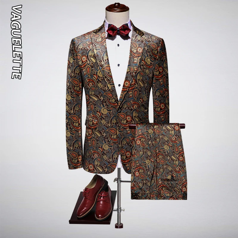 

VAGUELETTE Single Button Paisley Suit Men Wedding Stage Tuxedos Slim Fit Elegant Floral Printed Men Suits With Pants