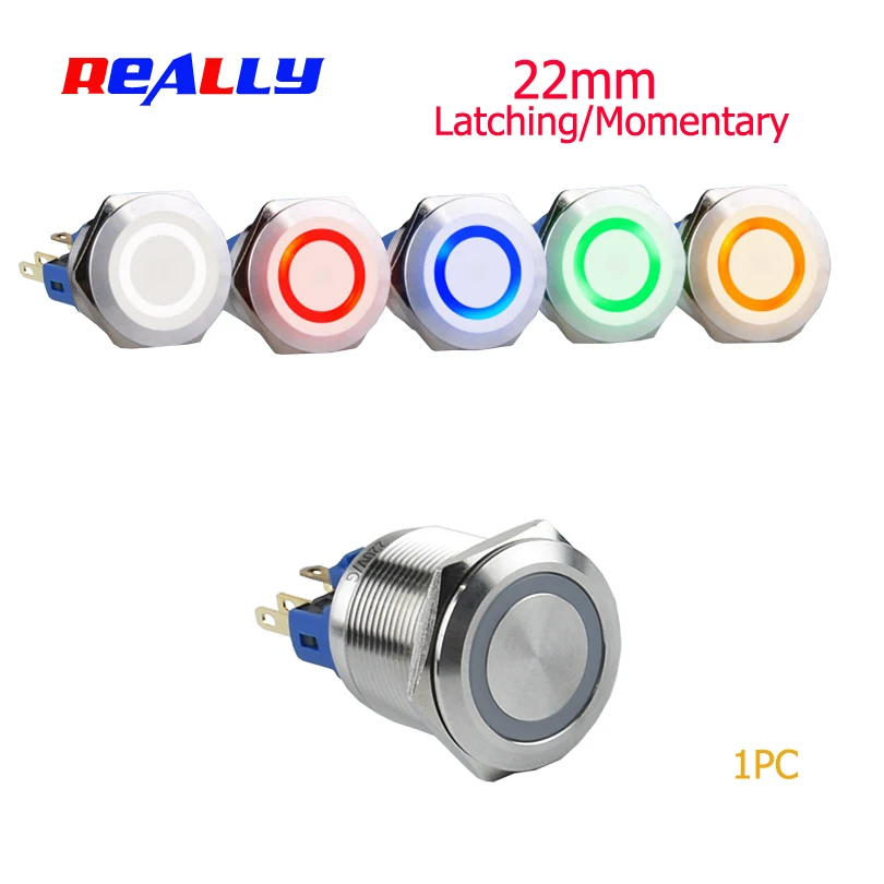 

22mm Latching Waterproof Metal Push Button Switch LED light 3V 6V 12V 24V 36V 48V 110V 220VRed Blue Green Yellow White Button