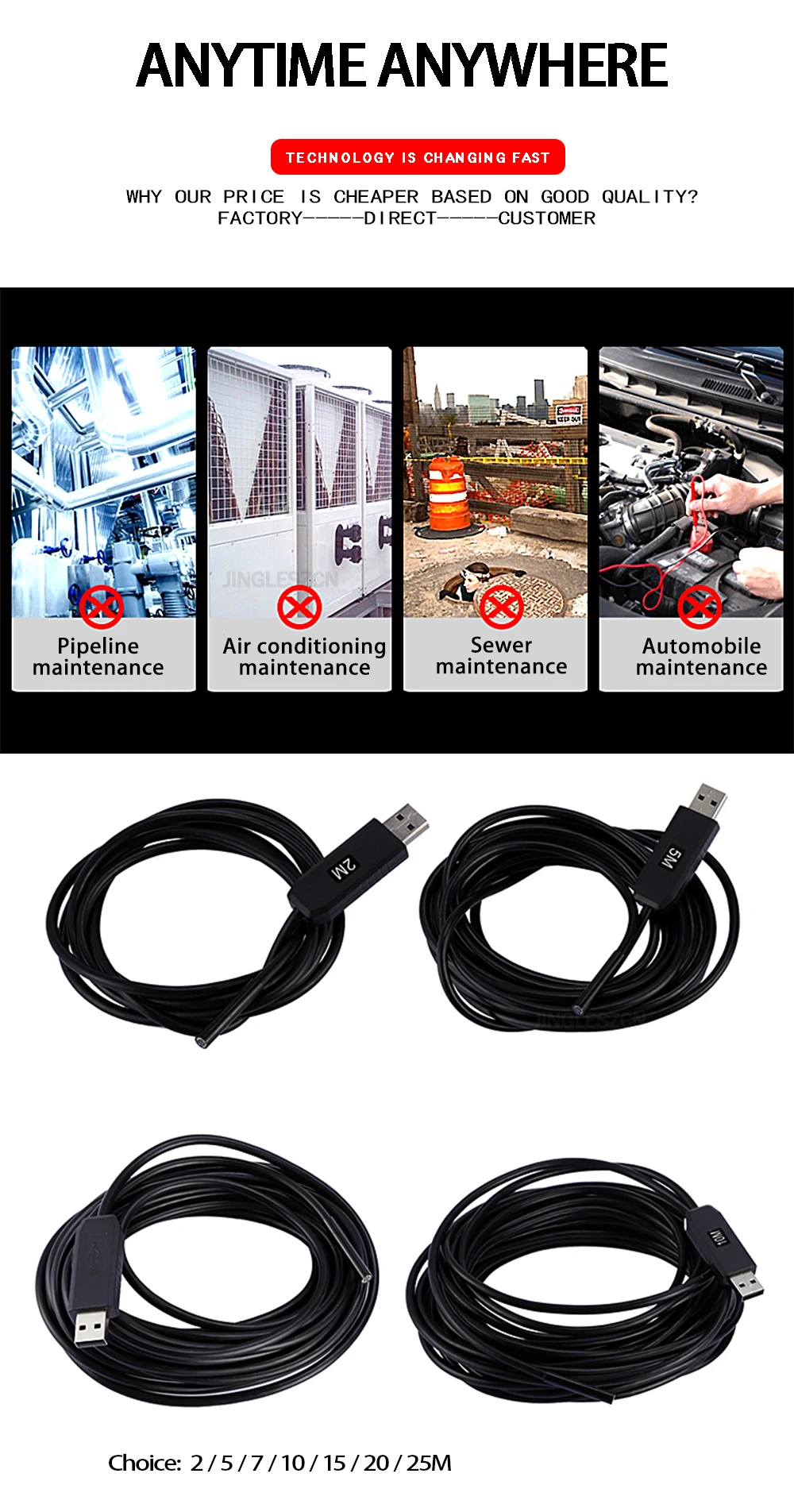 USB Endoscope 7MM Lens 25M Inspection Cam Borescope Waterproof Endoscope Camera Snake Video Mini Camera USB Endoskop