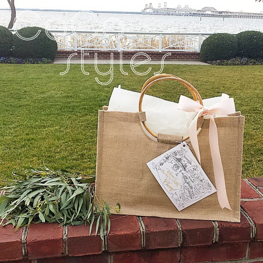 Cocostyles изготовленный на заказ пустой изысканный ганни ручной мешок с бамбуковой ручкой для газона свадьбы спасибо пакет подарка Упаковка и добро пожаловать подарок