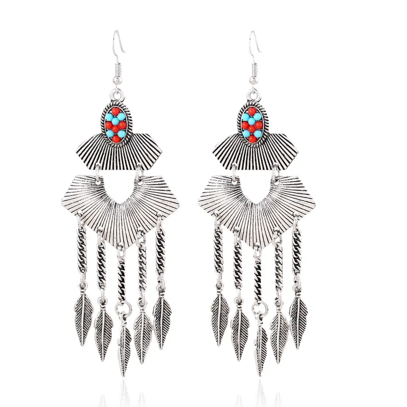 Chunky Rope Tassel Long Pendant Ethnic Drop Earrings for Women Metal Bead Dangle