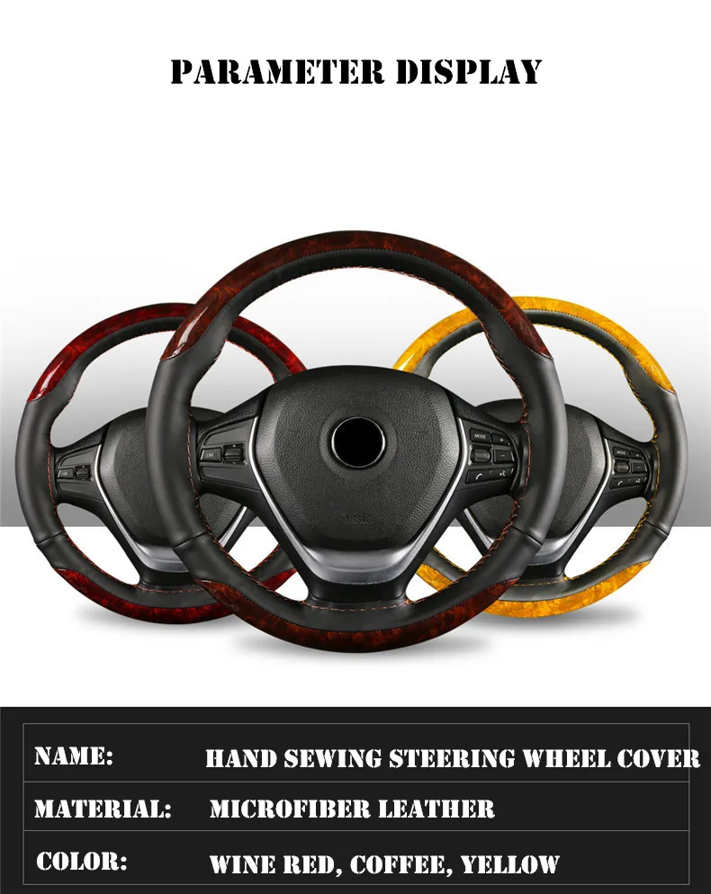 DIY Car Braid Leather with Wood Steering Wheel Cover Hand Sewing Auto Wheels Covers Case with Needle and Thread Universal