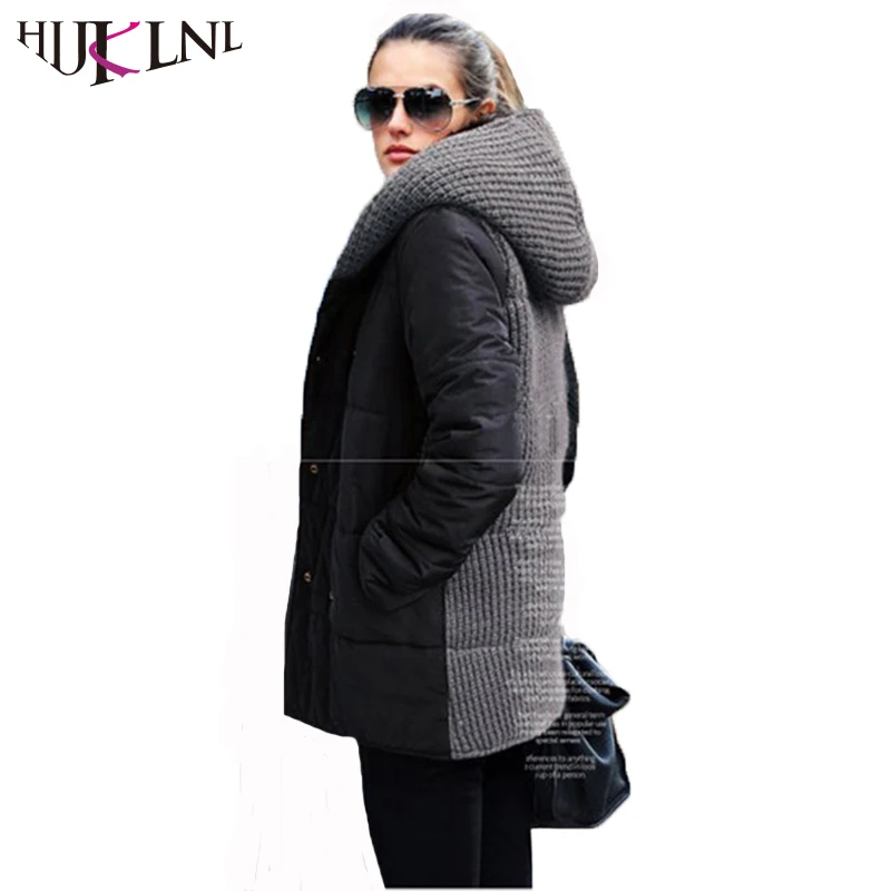 HIJKLNL Plus Size 5XL Women Winter Jacket Coat 2017 Fashion Knitted Patchwork Long Hooded Cotton Parka Mujer campera mujer NA332 | Женская