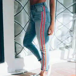 2018 осенние женские до щиколотки обтягивающие джинсы с боковой полоской лоскутные джинсы с высокой талией повседневные все подходящие