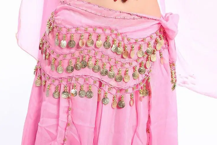MISSKY купить дома шифон Висячие золотые монеты танец живота хип юбка шарф обёрточная бумага пояс(черный - Цвет: Розовый