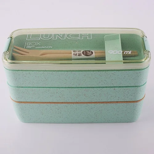 900 мл материал не вредит здоровью Ланч-бокс 3 слоя пшеничной соломы коробки для обедов бенто микроволновая посуда контейнер для хранения еды Ланч-бокс - Цвет: Зеленый