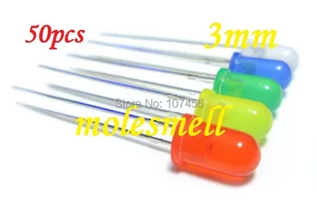 

Free shipping 50PCS 5 value 3mm diffused red,yellow,blue,green,white R,G,B,W,Y,LED mixed colors led 10pcs each color