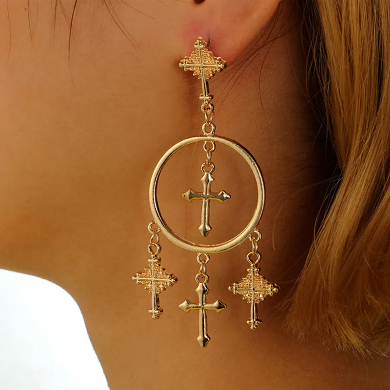 

Europe and the United States retro exaggerated earrings carved cross circle hanging earrings ladies large long earrings jewelry