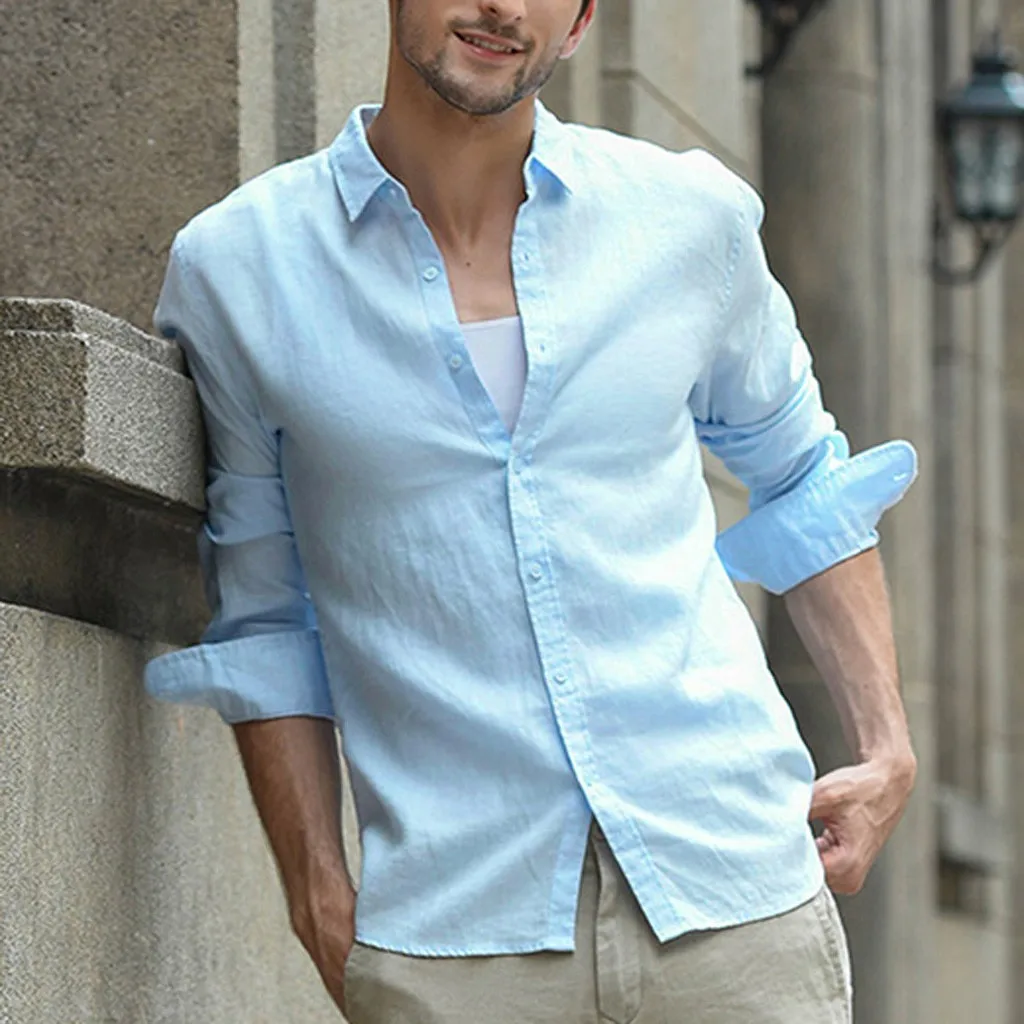 Мужская рубашка на лето и весну с длинными рукавами, хлопковые мужские льняные рубашки в стиле ретро с отложным воротником, белая рубашка Camisa Social Прямая c - Цвет: Light blue