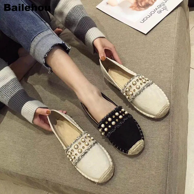 

Bailehou Women Flats Shoes Fashion Pearl Women Loafers Cane Hemp Straw Fisherman Flat Heel Shoes Round Toe Slip On Casual Shoes