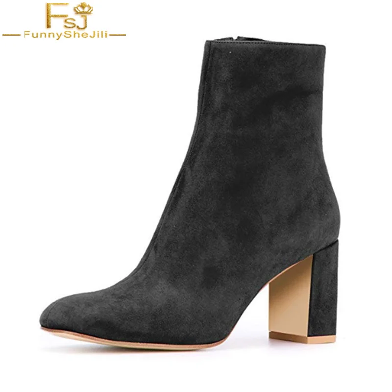 

FSJ Fashion Winter 2018 Handmade Soft Grey Suede Ankle Boots Comfortable Round Toe Block Heel Booties With Zipper For Women