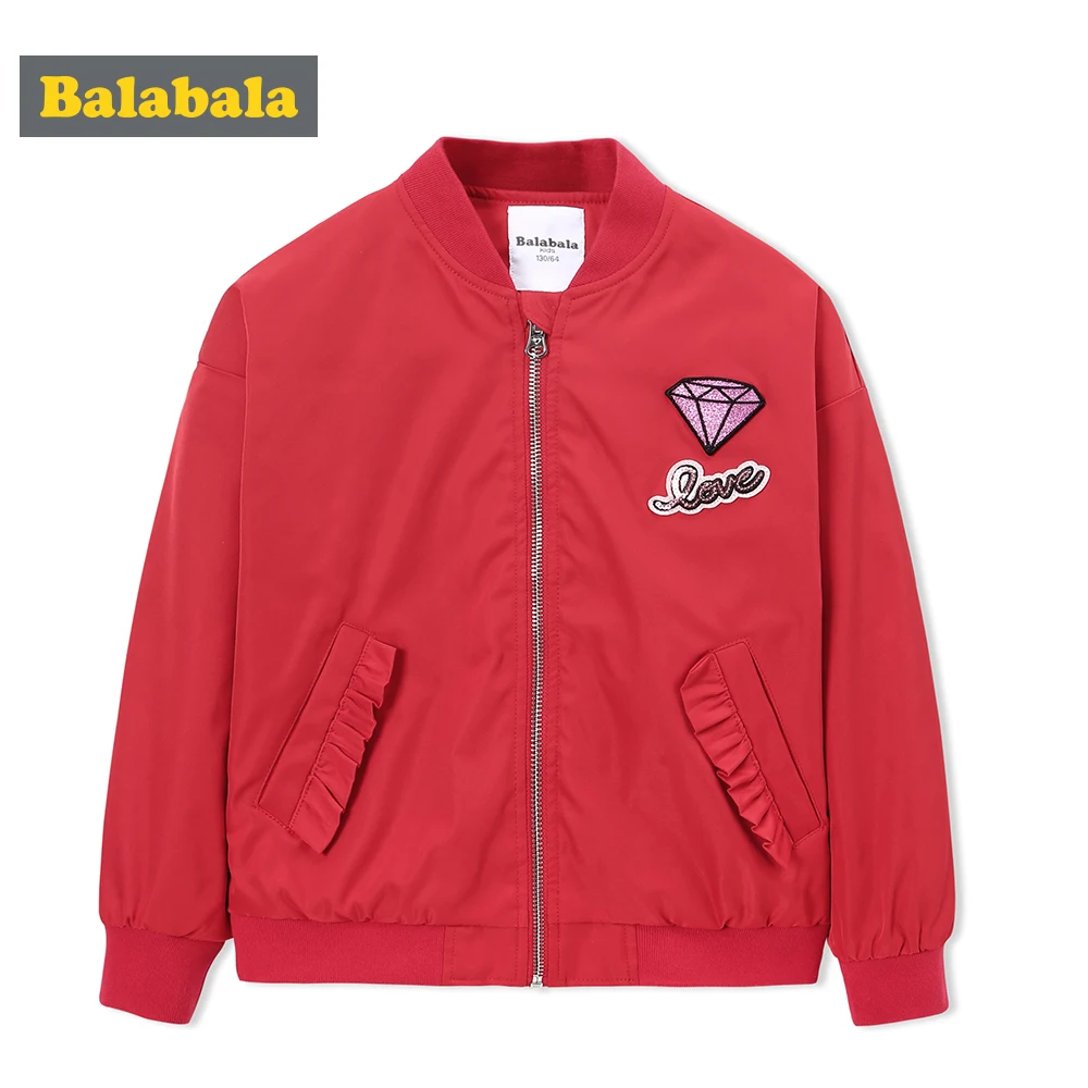 

Balabala Girls Embroidered Baseball Jacket with Ruffle Trim Teenage Girl Full-zip Jacket with Ruffled Pocket Ribbed Cuff and Hem