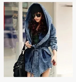 

Women denim jeans coat with hooded vintage long sleeve loose casual overcoat female outwear winter autumn trench coats