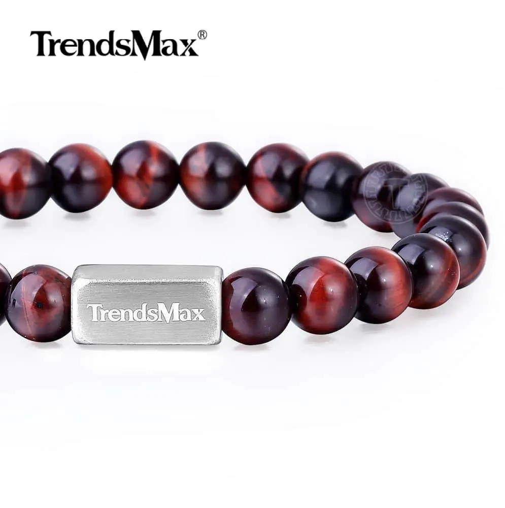A Red Tiger Eye Natural Stone Beaded Bracelet Stainless Steel Stretch Link Chain Mens Womens Charm Gemstone Jewelry TBB01125 | Украшения и