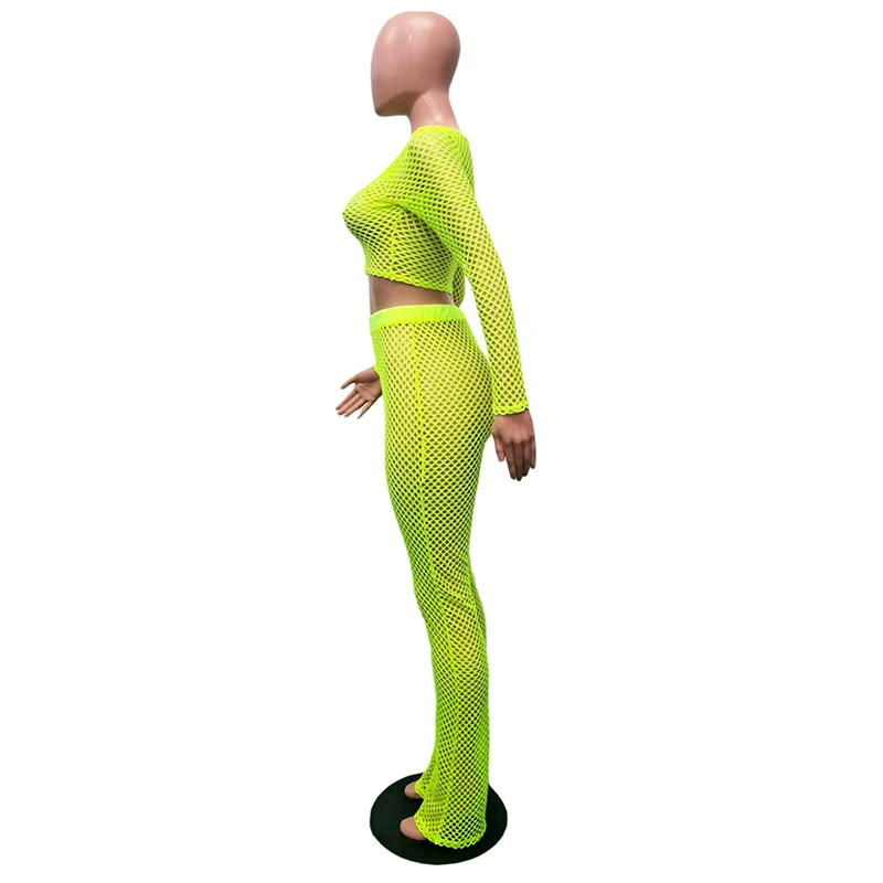 Неоновый зеленый комплект из двух предметов, женский сексуальный укороченный Топ с длинным рукавом, прозрачные Широкие штаны, наряды, комплект из 2 предметов, летний пляжный костюм