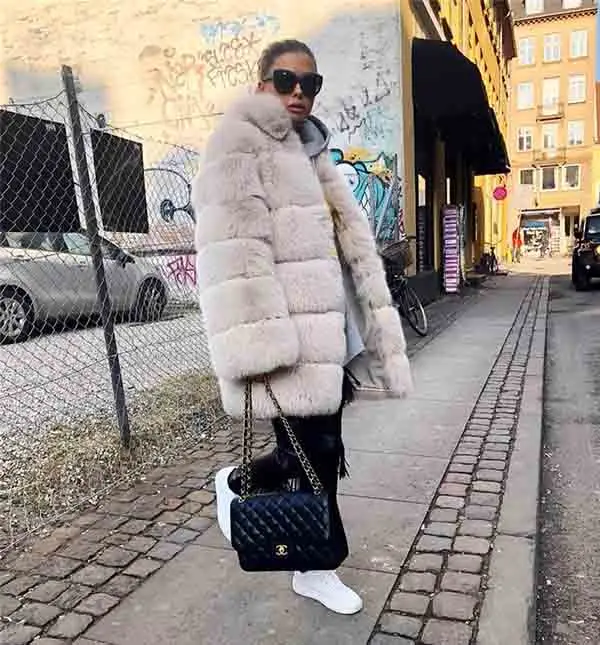 beige Высококачественный Роскошный натуральный Лисий мех куртки для женщин Верхняя одежда Топы стоячий воротник зимний теплый мех пальто натуральный мех длинные пальто - Цвет: beige