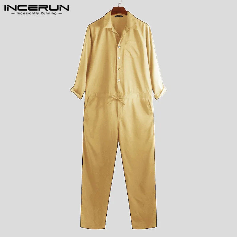 INCERUN Fashion Men Jumpsuit Long Sleeve Overalls Pockets Button Loose Casual Trousers Men Streetwear Rompers Plus Size