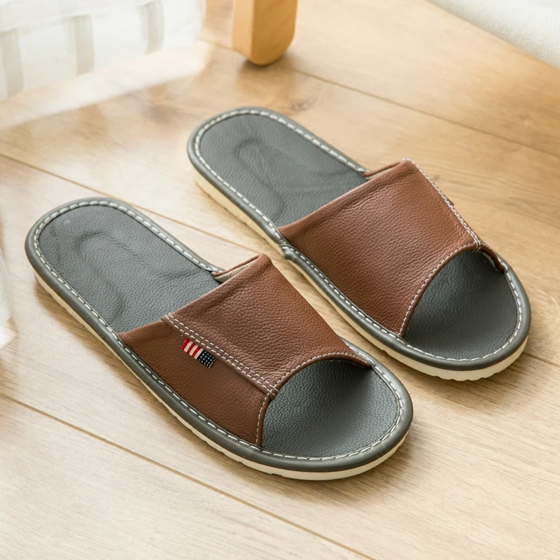 US $25.71 Womens Summer Genuine Leather Indoor Slippers AntiSlip Super Soft Couples Home Shoes Comfortable Cow Leather Casual Slippers
