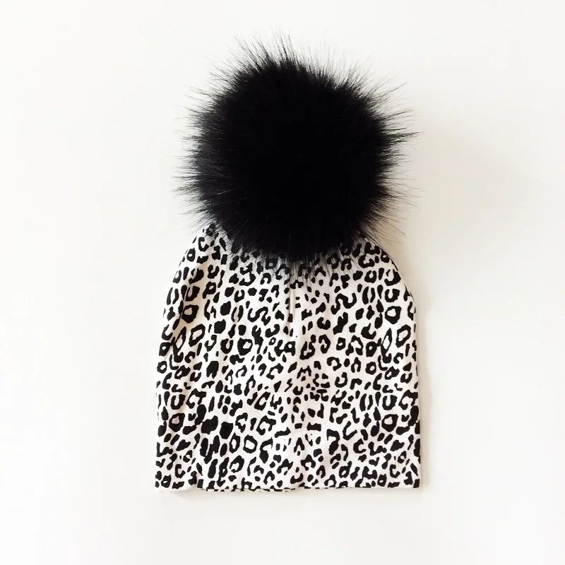 Autumn Kids Boy Girl Winter Cartoon Printing Cotton Hat With Pompon Artificial Fox Fur Baby Caps Children's Accessories Bonnet