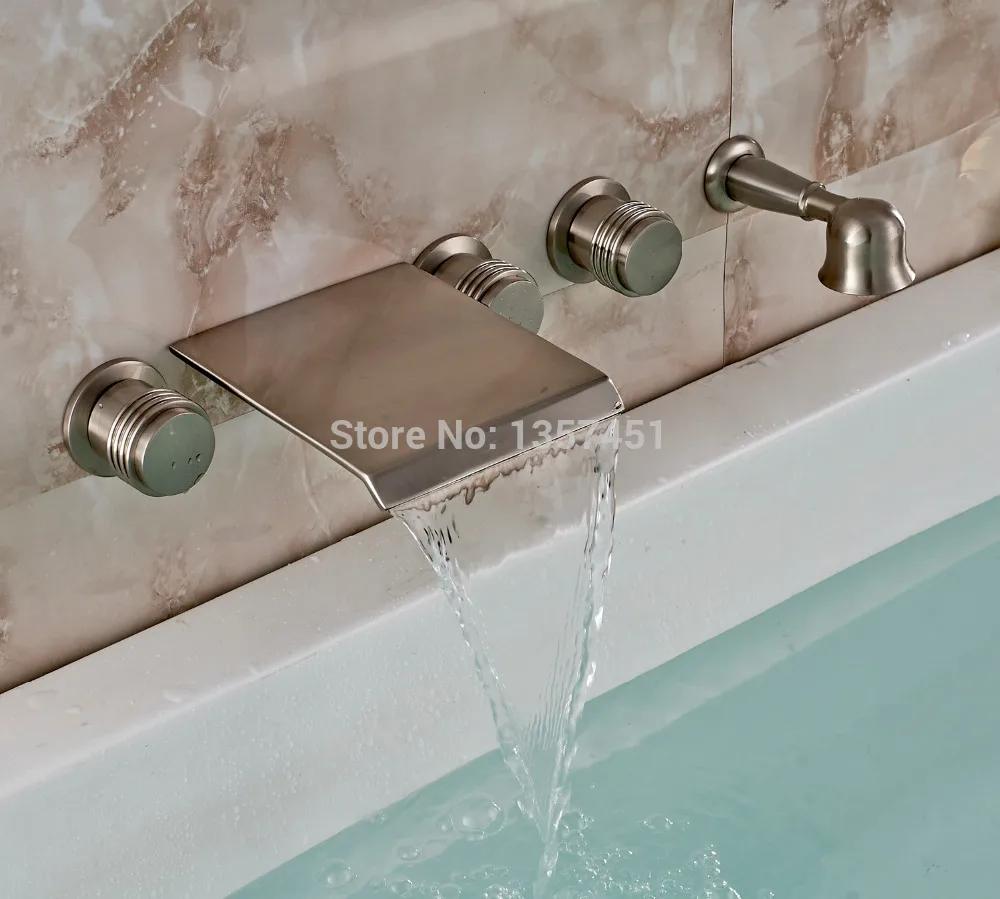 

Waterfall Wall Mount Tub Faucet 3 Knobs Mixer Tap W/ Hand Shower Brushed Nickel
