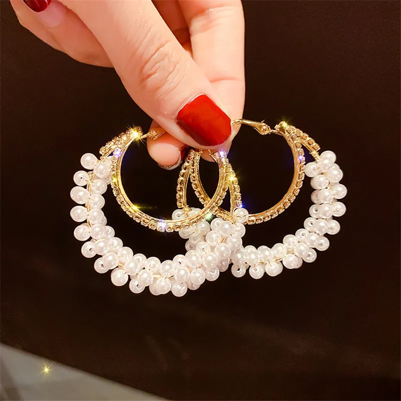 FYUAN модные круглые в виде колец геометрической формы серьги для женщин Bijoux изысканные серьги с кристаллами и жемчугом массивные ювелирные изделия вечерние подарки - Окраска металла: white