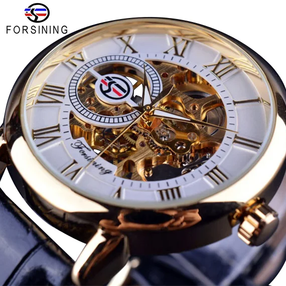 Forsining 3d логотип дизайн полые гравировка черный золотой чехол кожаный Скелет механические часы для мужчин люксовый бренд Heren Horloge - Цвет: White Golden
