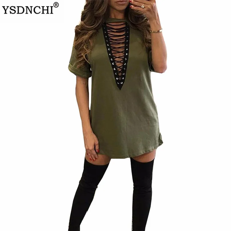 

YSDNCHI Nightclub Deep V Neck Sexy Bandage Dress Short-sleeved Summer Women Lace Up Bodycon Party Gorgeous Army Mini Shirt Dress