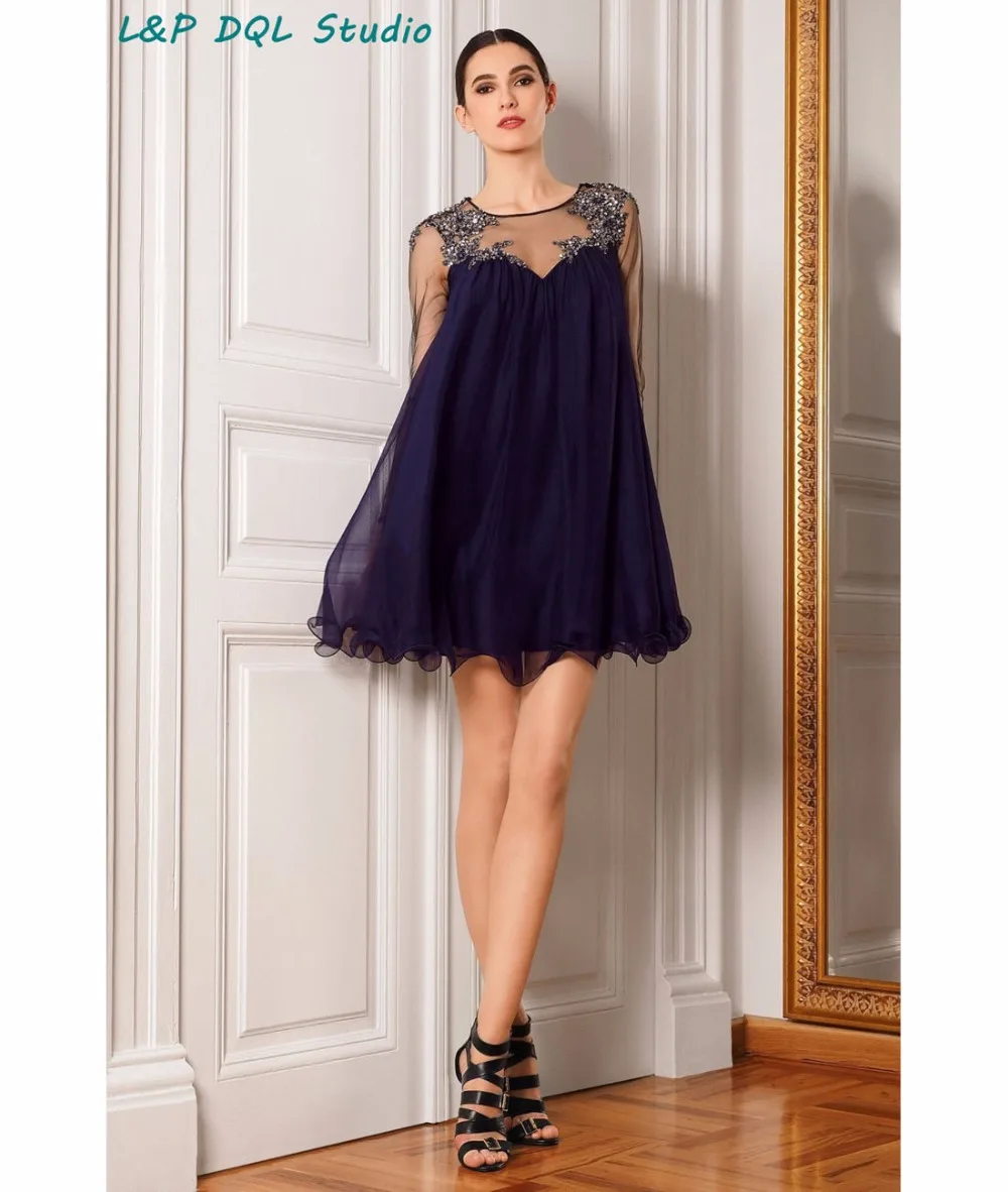 Sexy Royal Blue Cocktail Dresses Illusion Sheer with Applique Shining