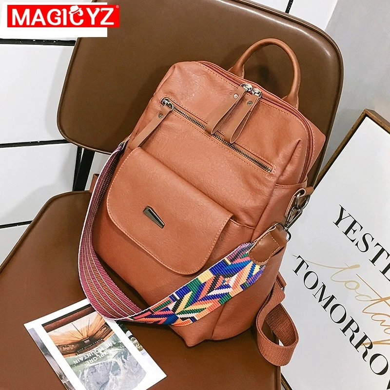 MAGICYZ винтажный Ретро женский рюкзак, школьный цветной кожаный рюкзак с ремешком, школьные рюкзаки для девочек-подростков, большой женский рюкзак