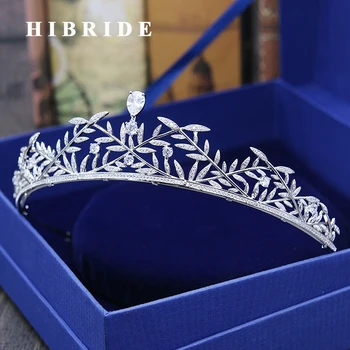

HIBRIDE AAA Cubic Zircoia White Gold Color Leaf Women Bride Tiaras Crown Elegant Engagement Gifts Hair Accessories C-21