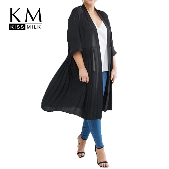 

Kissmilk Plus Size Women Clothing Casual Solid Elegant Trench Coat Black Open Stitch Fold Thin Coat Three Quarter Big Size Coat