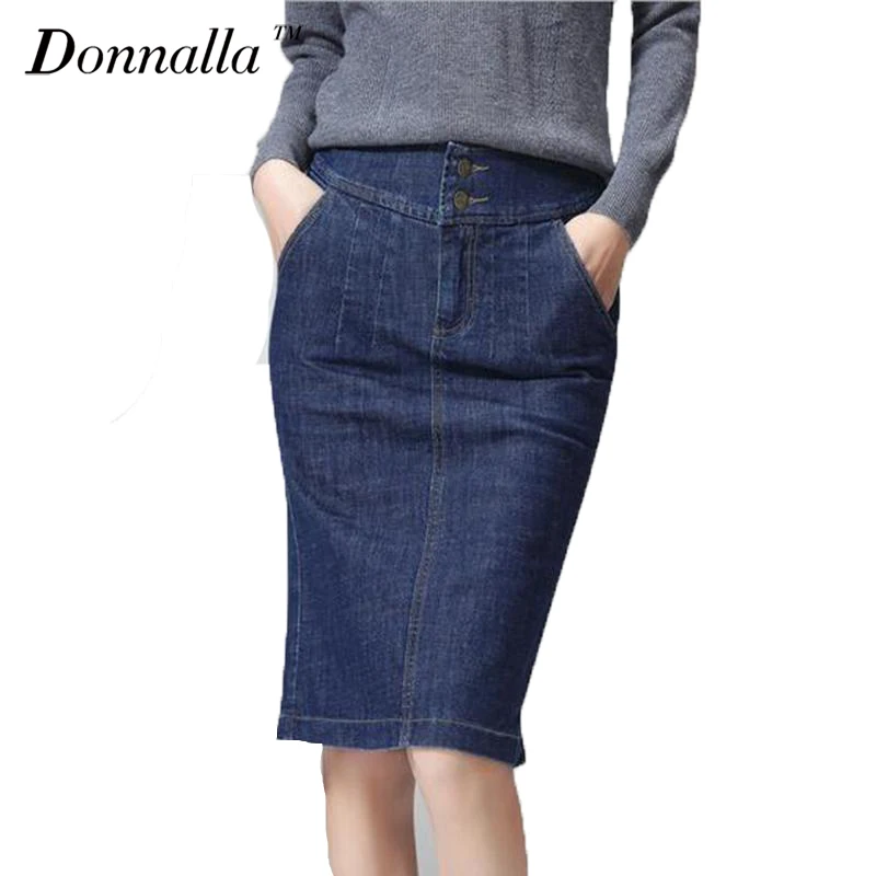 Women Denim Skirt Knee length OL Pencil Denim Skirts Womens Blue