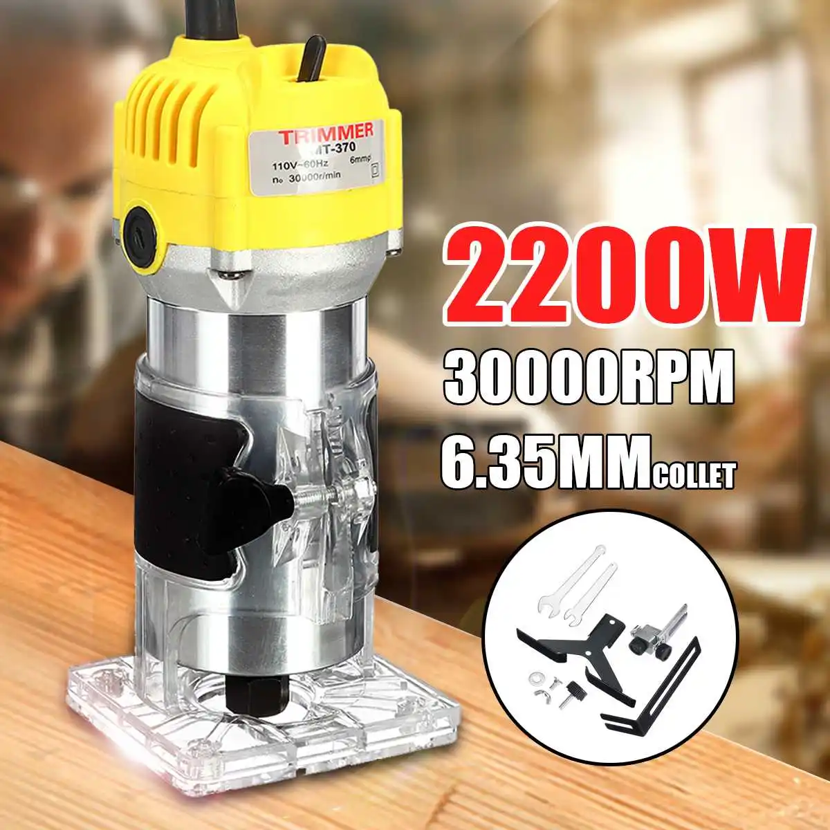 2200W Electric Hand Trimmer 6.35mm Laminate Palms Wood Router Trimming Cutting Carving Machine Woodworking Power Tool 110V 220V