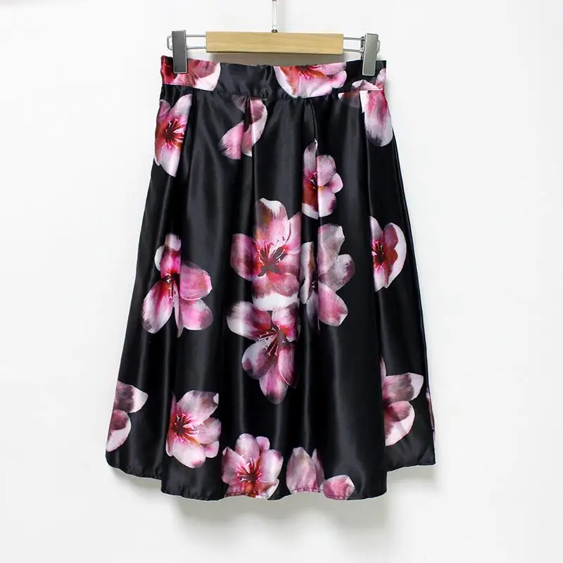 Hermicci, юбки с высокой талией, женская черная плиссированная юбка до колена, Saia Preta, юбка миди с цветочным принтом - Цвет: 13