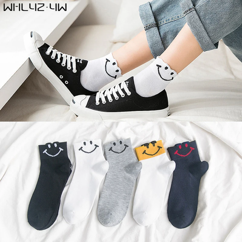 

WHLYZ YW 5 pairs cotton woman socks three-dimensional Smiling face sox cute short socks hip hop solid harajuku happy weed socks