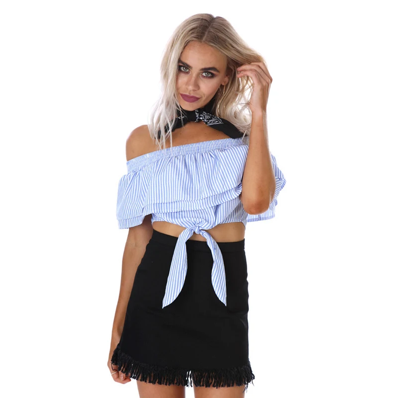 DuolaFine с плеча коротким рукавом растениеводство топ Органзы лук полосатый Tee shirt