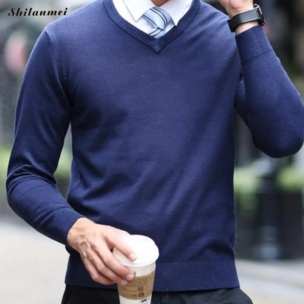 Solid Color Knitted Men's Sweater Polyester Blue V Neck Pullover