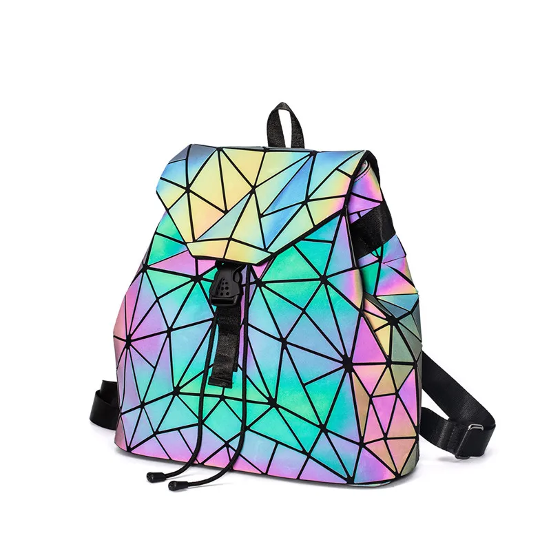 

Women Backpack Diamond Lattice Geometry Quilted School Bag Backpacks For Teenage Girl Luminous School Bags Holographic Mochila