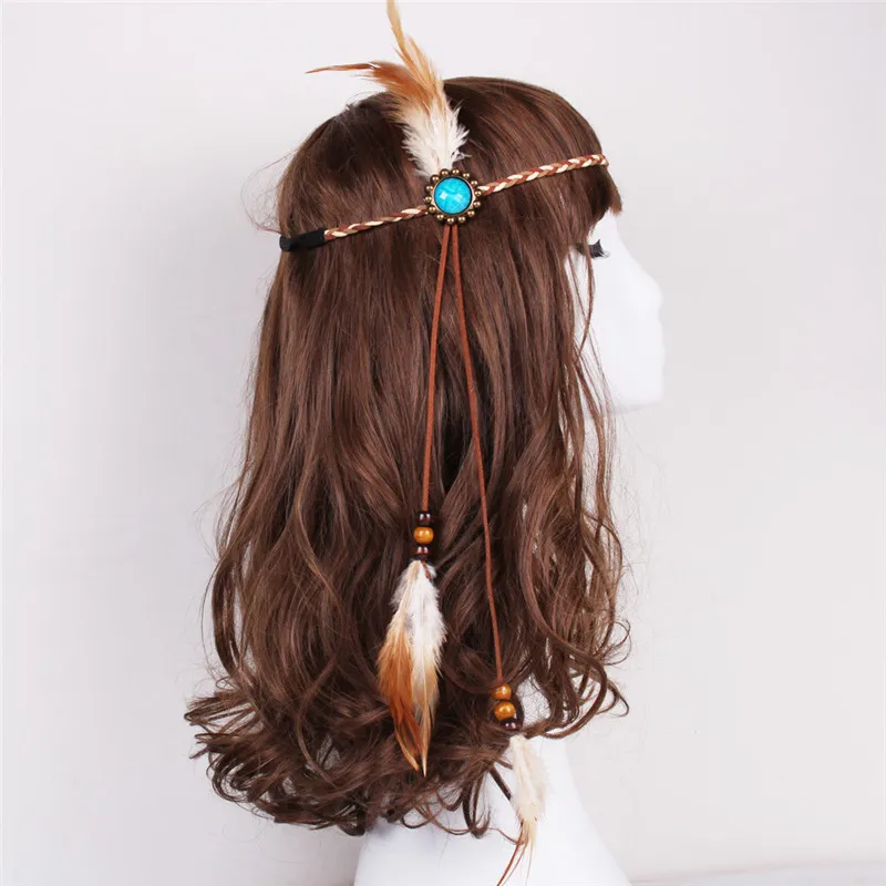 

Bohemian style Indian Feather Headband Headdress Hair Rope Headwear Tribal Hippie Handmade Hair Accessories for Women 21
