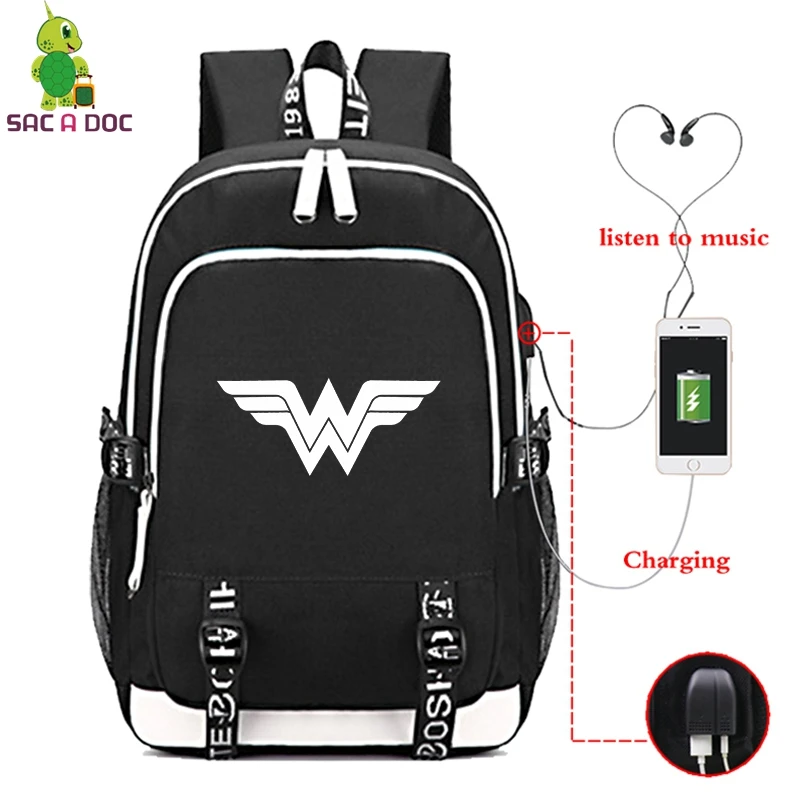 Многоцветный Черные парусиновые рюкзаки с супергероями, Bolsos Para Hombre Mochila, мужской рюкзак для путешествий, рюкзак для путешествий, сумка для чудо-женщины, Usb зарядка - Цвет: Многоцветный
