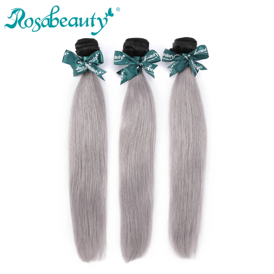 

Rosabeauty Straight Human Hair Bundles Dark Roots T1b/Grey Remy Brazilian Hair Weave Bundles Ombre Hair Extensions 3Pcs