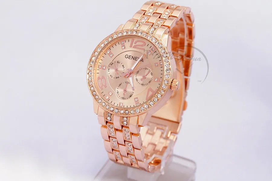 Новинка, известный бренд, женские золотые кварцевые часы Geneva из нержавеющей стали, военные Кристальные повседневные аналоговые часы, Relogio Feminino - Цвет: rosy gold