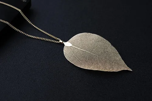 Unique Golden True Leave Maxi Long Pendant Necklace