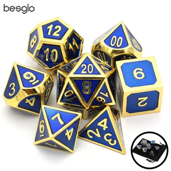 

Set of 7 Metal Dice Shiny Gold Finish with Royal Blue Enamel Paint for RPG DND MTG Table Games