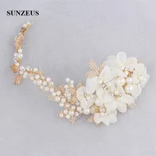 Потрясающие жемчужины ручной работы Цветы Свадебная повязка с золотыми листьями свадебные аксессуары для волос SHA46
